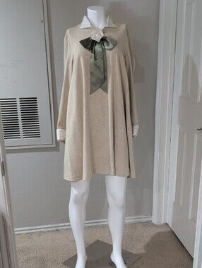 Vintage Push Cream A-line Dress with Olive Satin Bow Retro Women's Clothing S/M